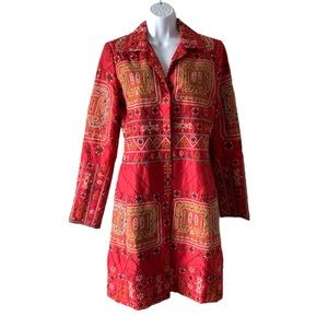 Johnny Was Biya Red Silk Embroidered Coat